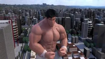 Giant man flexing muscles and shooting